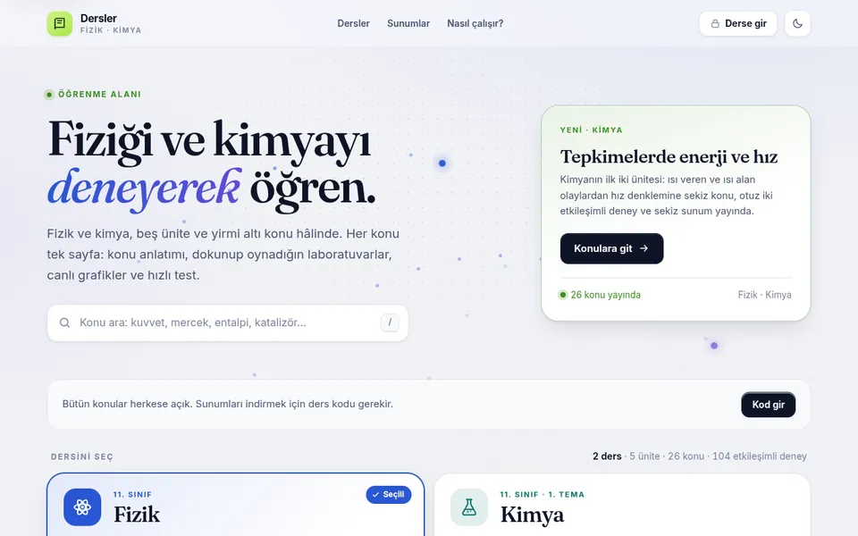 Etkileşimli Dersler demosunun ana ekranı (dersler.perinet.org)