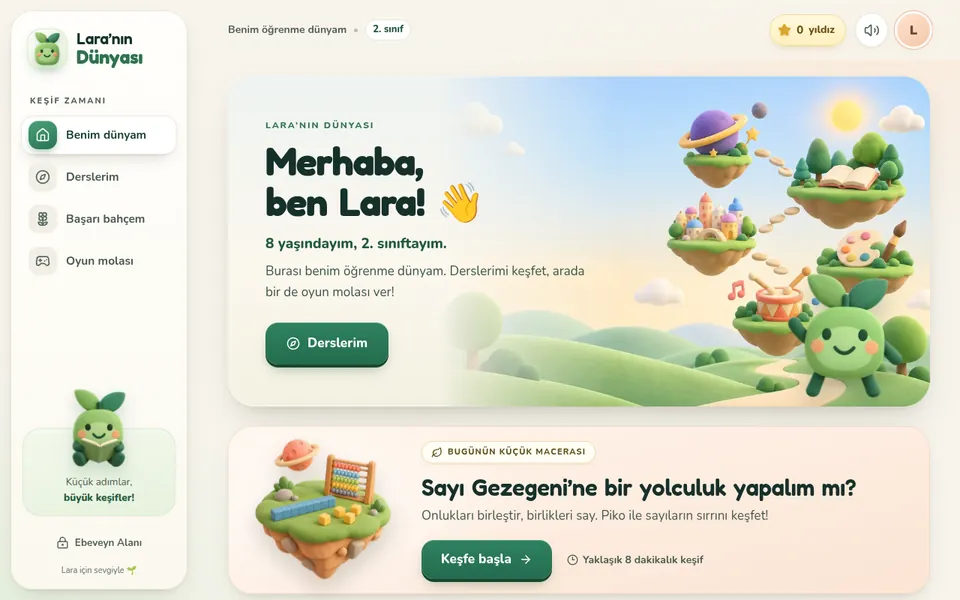 Erken Öğrenme Deneyleri demosunun ana ekranı (lara.perinet.org)
